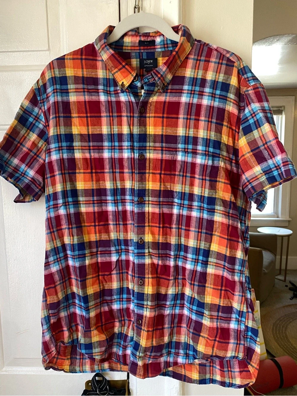 J Crew LINEN Slim Plaid Short Sleeve Button Collar Shirt Pockets  Mens XL